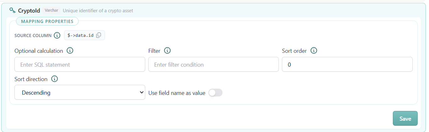 DWA mapping properties for a single attribute: source column, optional calculation, filter, sort order and sort direction