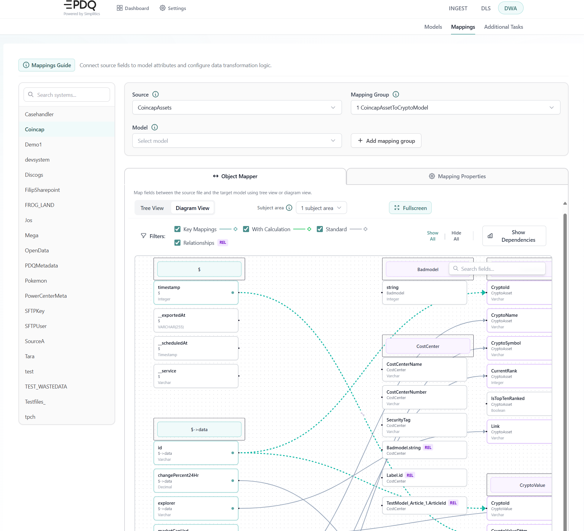 DWA Object Mapper, Diagram View: mappings drawn as lines between source fields and model attributes