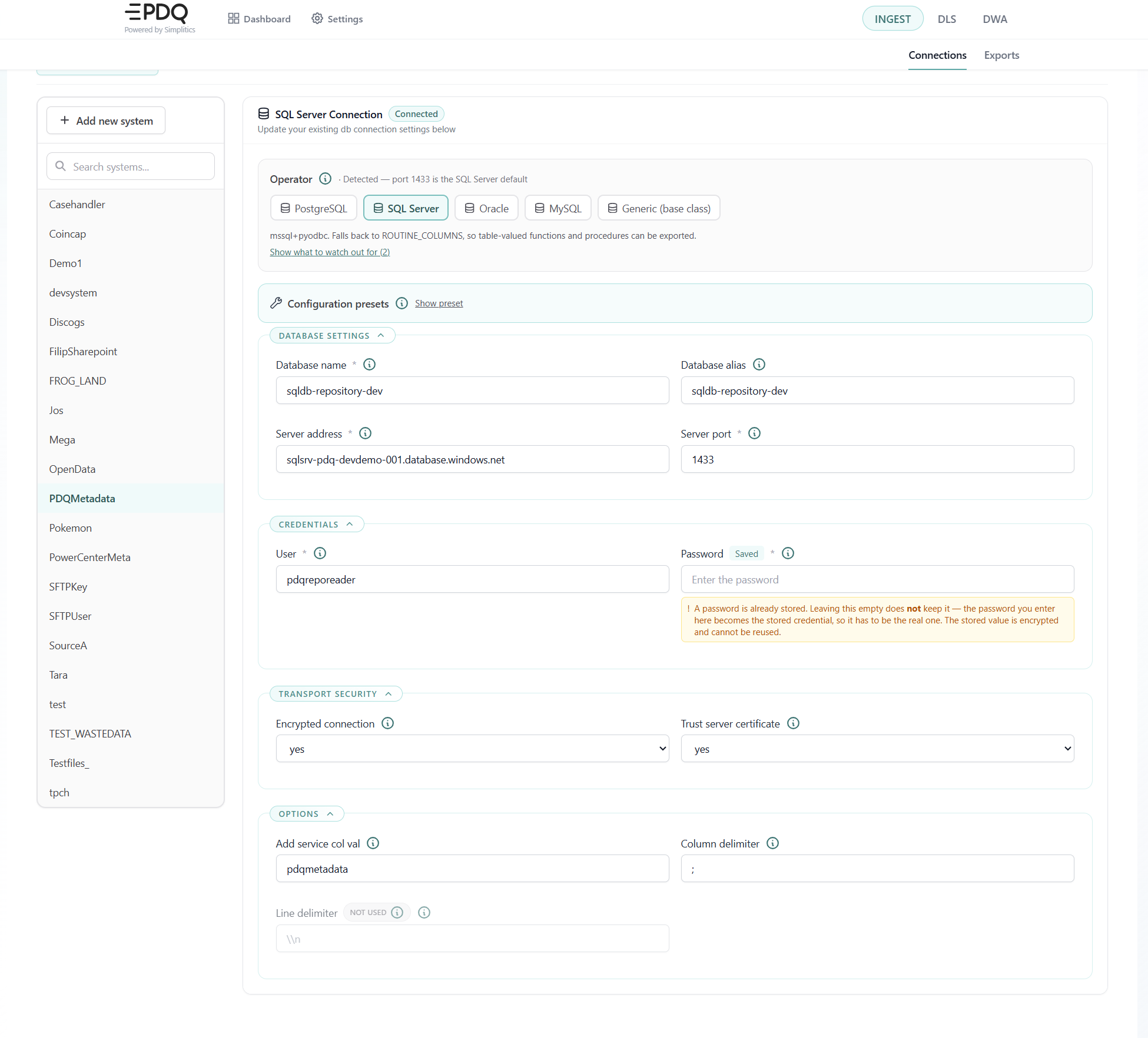 Ingest database connection form: operator, database settings, credentials, transport security and options