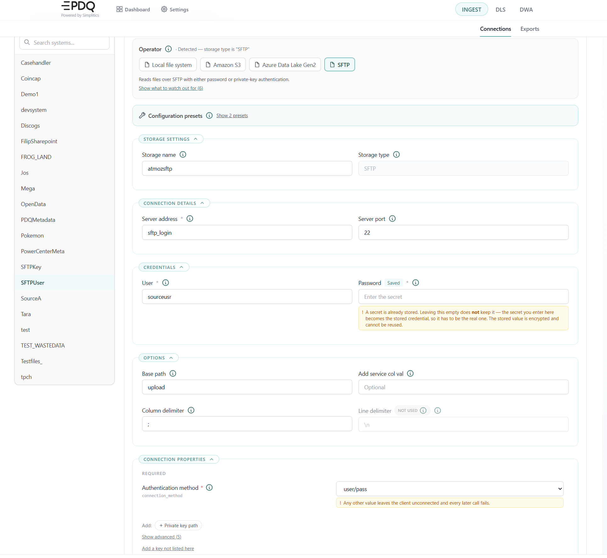 Ingest file connection form for an SFTP source: storage settings, connection details, credentials, options and connection properties