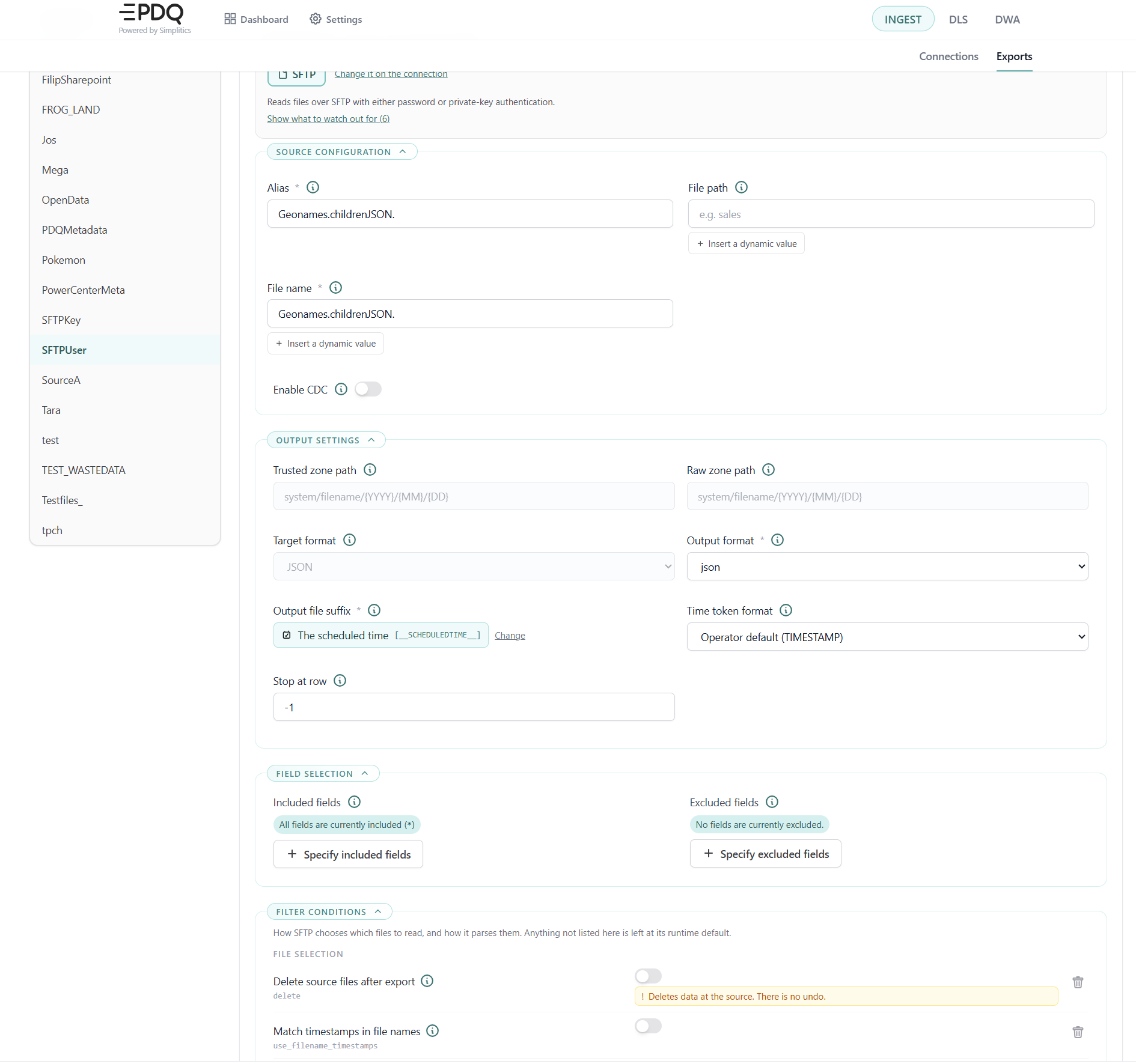 Source export configuration for an SFTP file source: source configuration, output settings, field selection and filter conditions