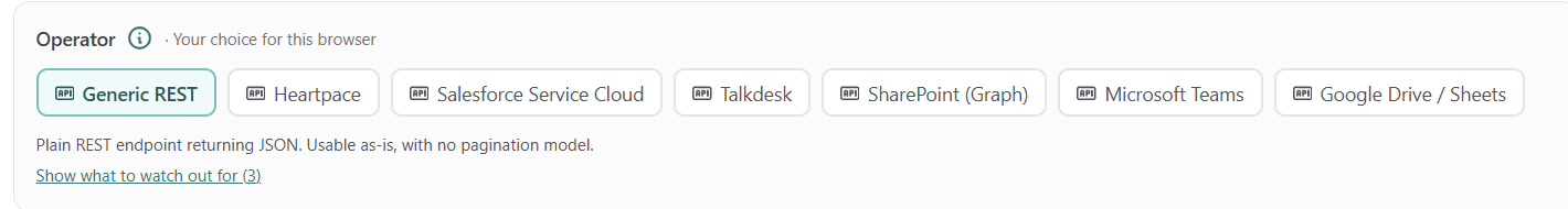 Operator selector for API connections: Generic REST, Heartpace, Salesforce Service Cloud, Talkdesk, SharePoint (Graph), Microsoft Teams and Google Drive / Sheets
