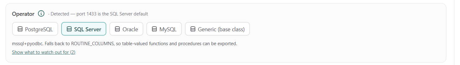 Operator selector for database connections: PostgreSQL, SQL Server, Oracle, MySQL and Generic (base class)