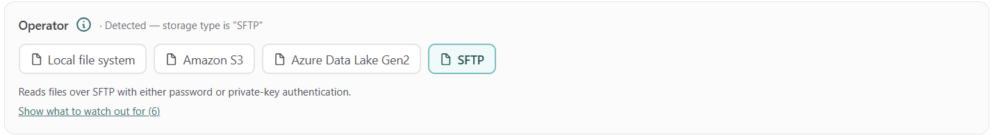 Operator selector for file connections: Local file system, Amazon S3, Azure Data Lake Gen2 and SFTP