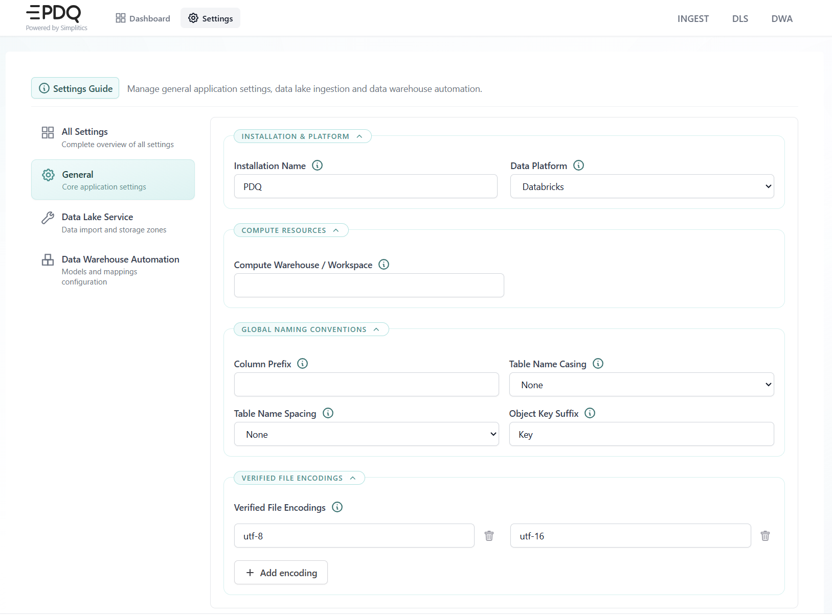 PDQ Settings, General: installation and platform, compute resources, global naming conventions and verified file encodings